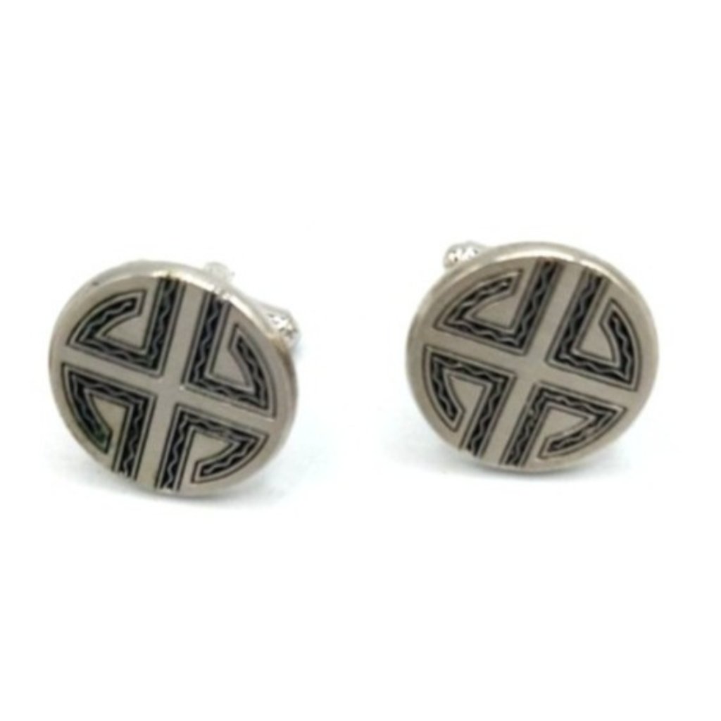 Round Silver Tone Hicock Cuff Links With Black Accent Engraved Design